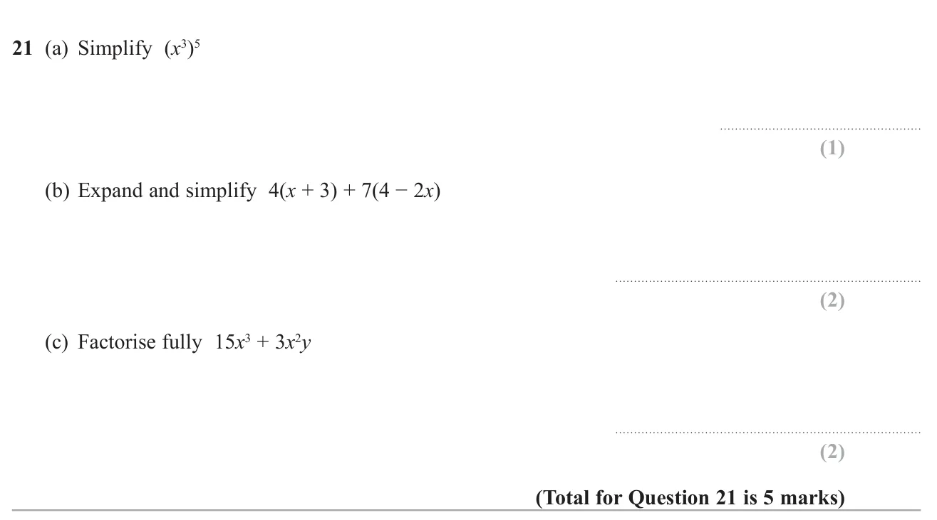 Simplify a power of a power, expand and simplify two brackets, and factorise fully.