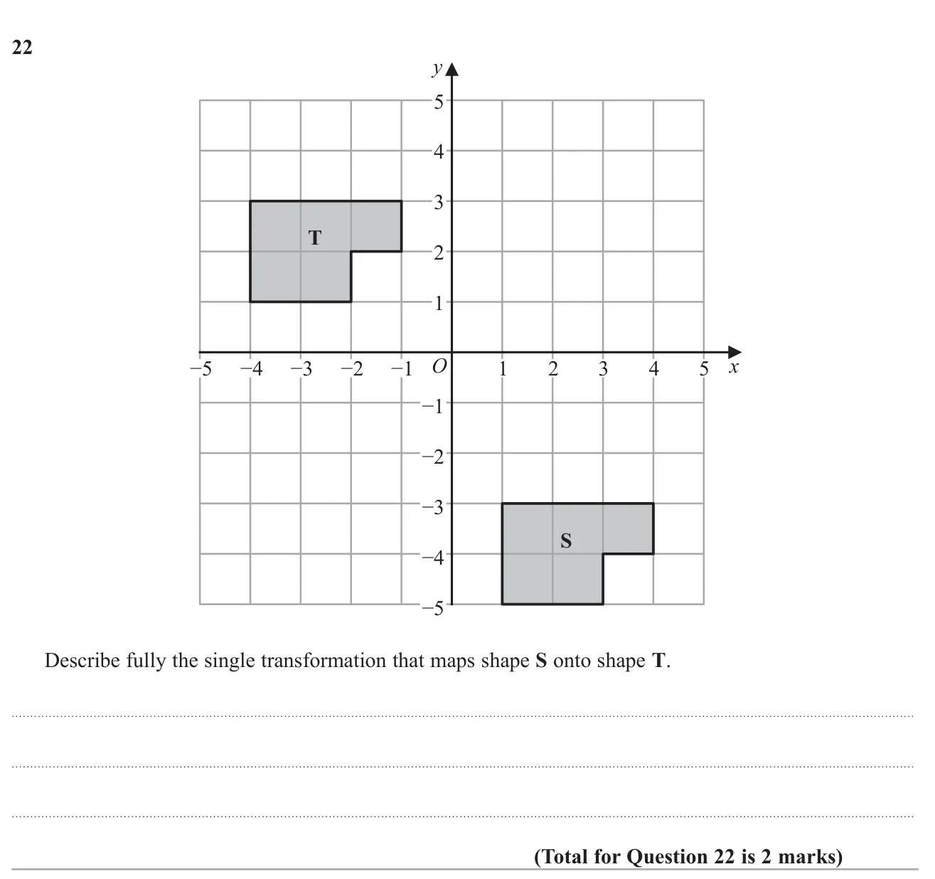 Describe the single transformation that maps one shape onto another on a grid.