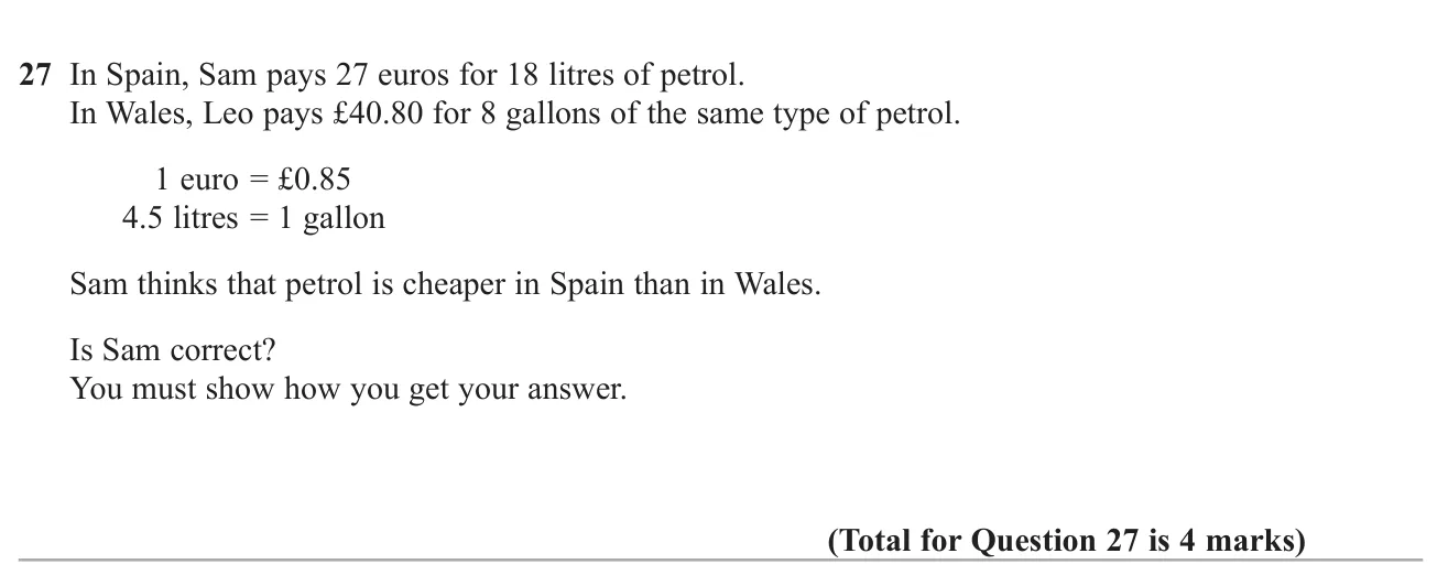 Decide which country has cheaper petrol using currency and volume conversions.