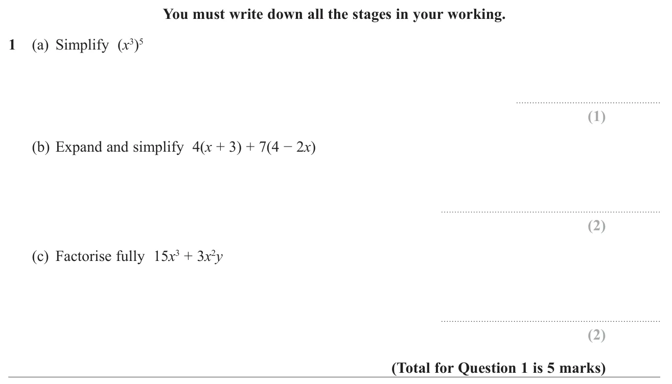 Simplify a power of a power, expand and simplify two brackets, and factorise fully.