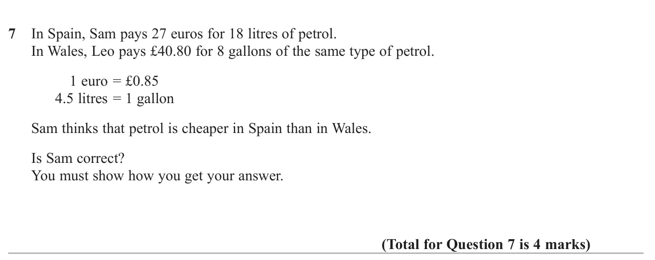Decide which country has cheaper petrol using currency and volume conversions.