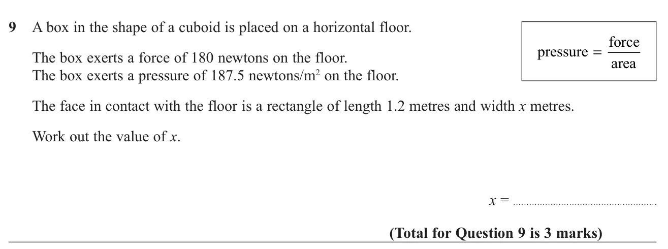 Use the pressure formula to find the missing width of the face of a box resting on the floor.