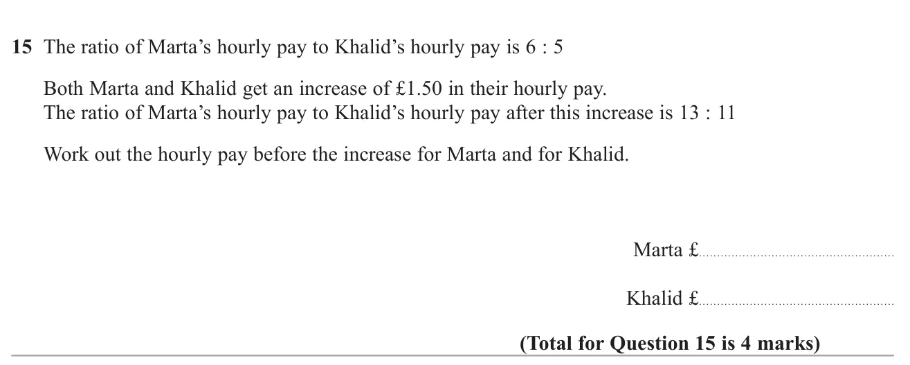 Two people's pay is in one ratio and, after an equal rise, in another ratio; find their original pay.