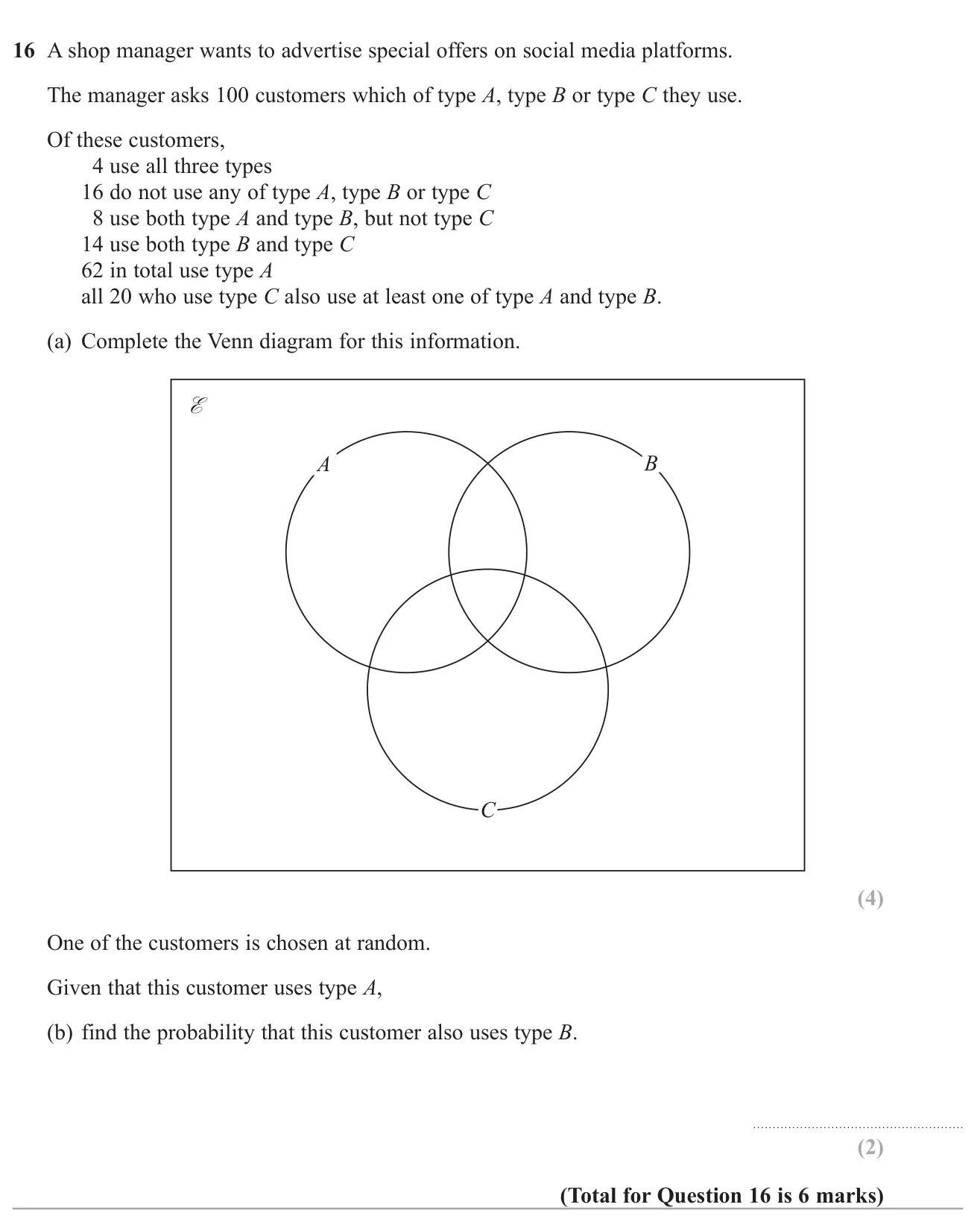 Fill in a three-set Venn diagram from given facts, then find a conditional probability from it.