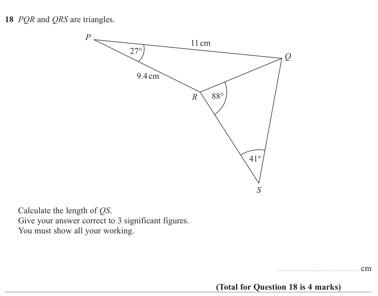 Use the cosine rule then the sine rule across two triangles to find a length.