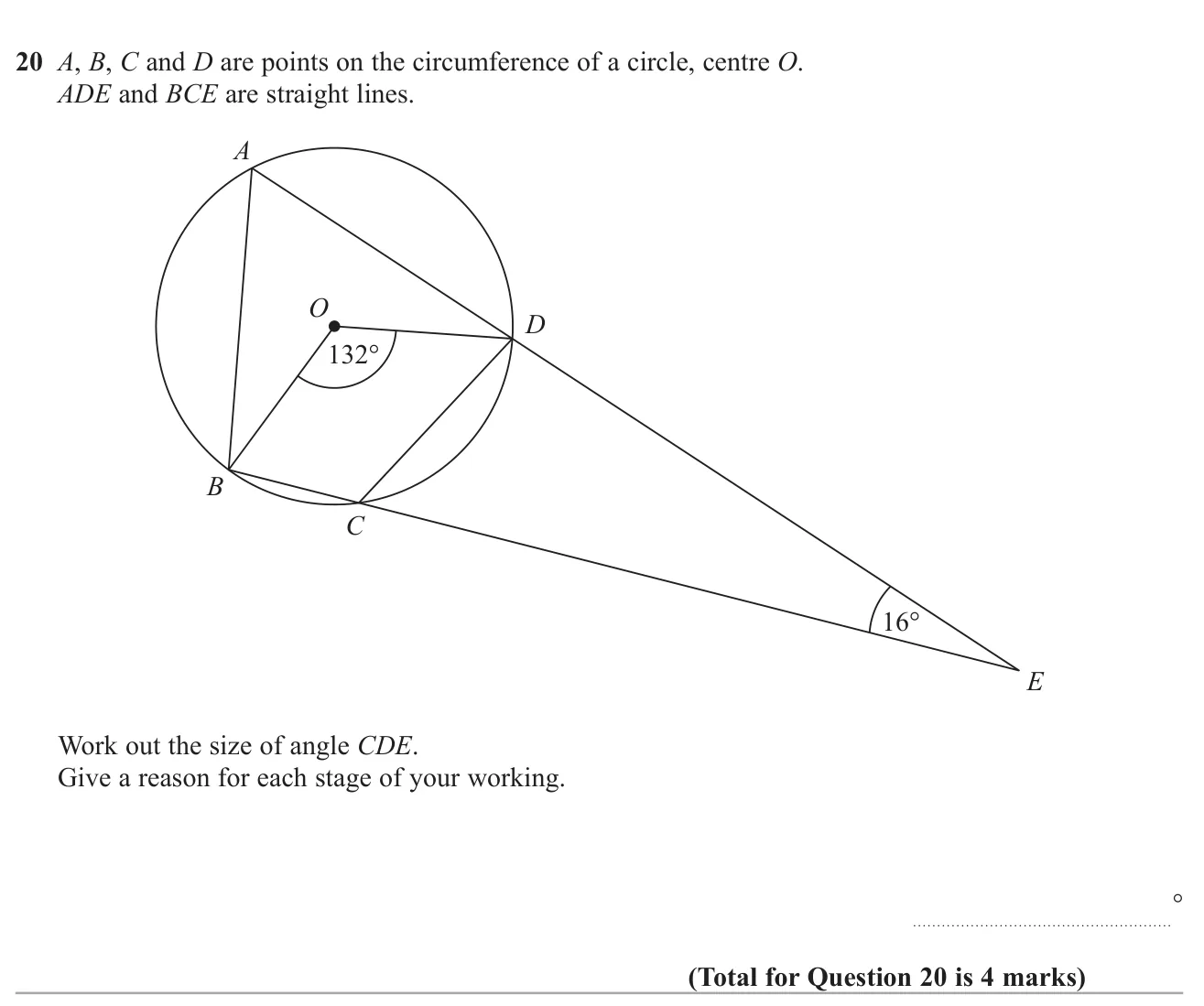 Use circle theorems and angle facts to find an angle outside a cyclic quadrilateral, giving reasons.