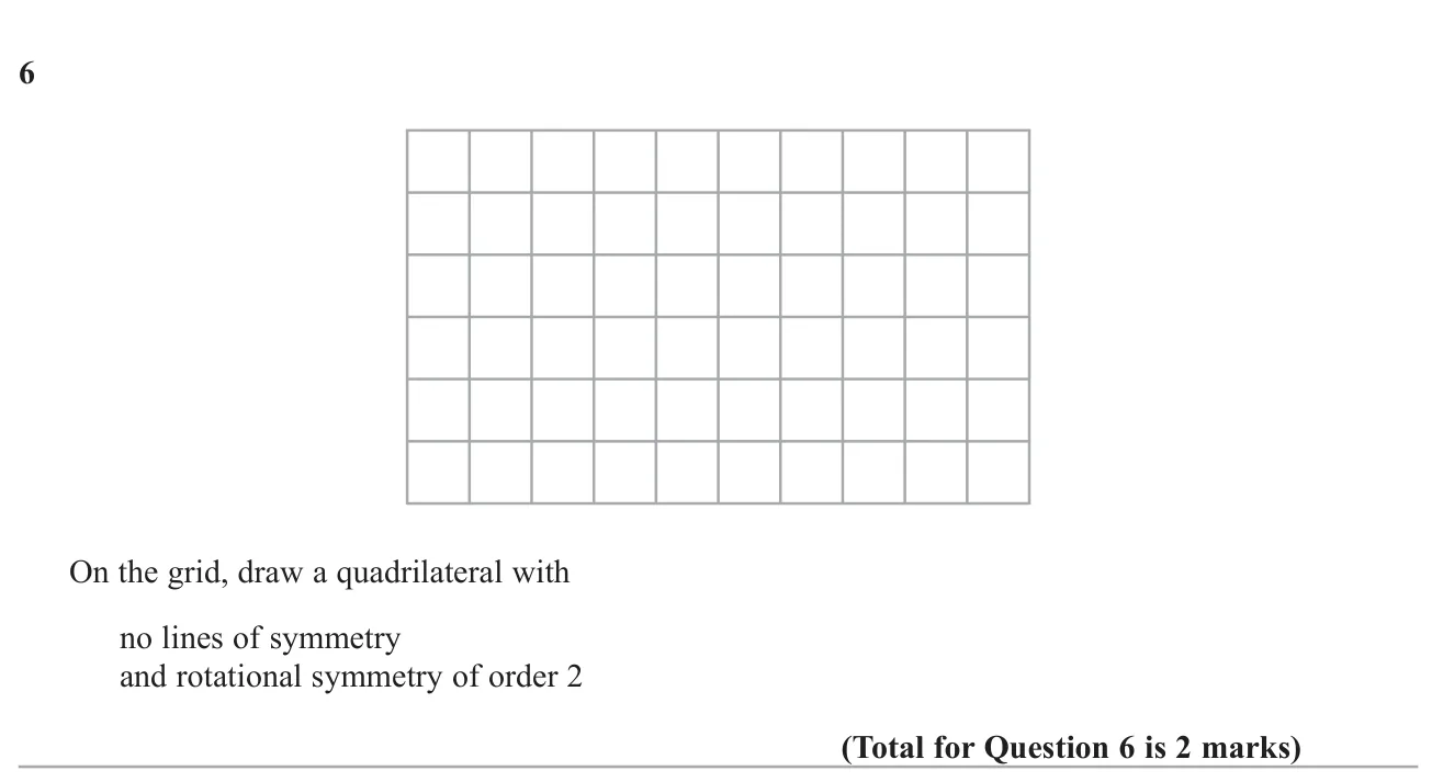 Draw on a grid a four-sided shape that has rotational symmetry of order 2 but no lines of symmetry.