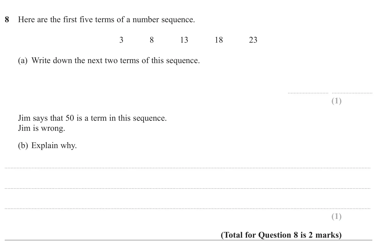 Continue a sequence that goes up by 5 and explain why a given number is not in it.