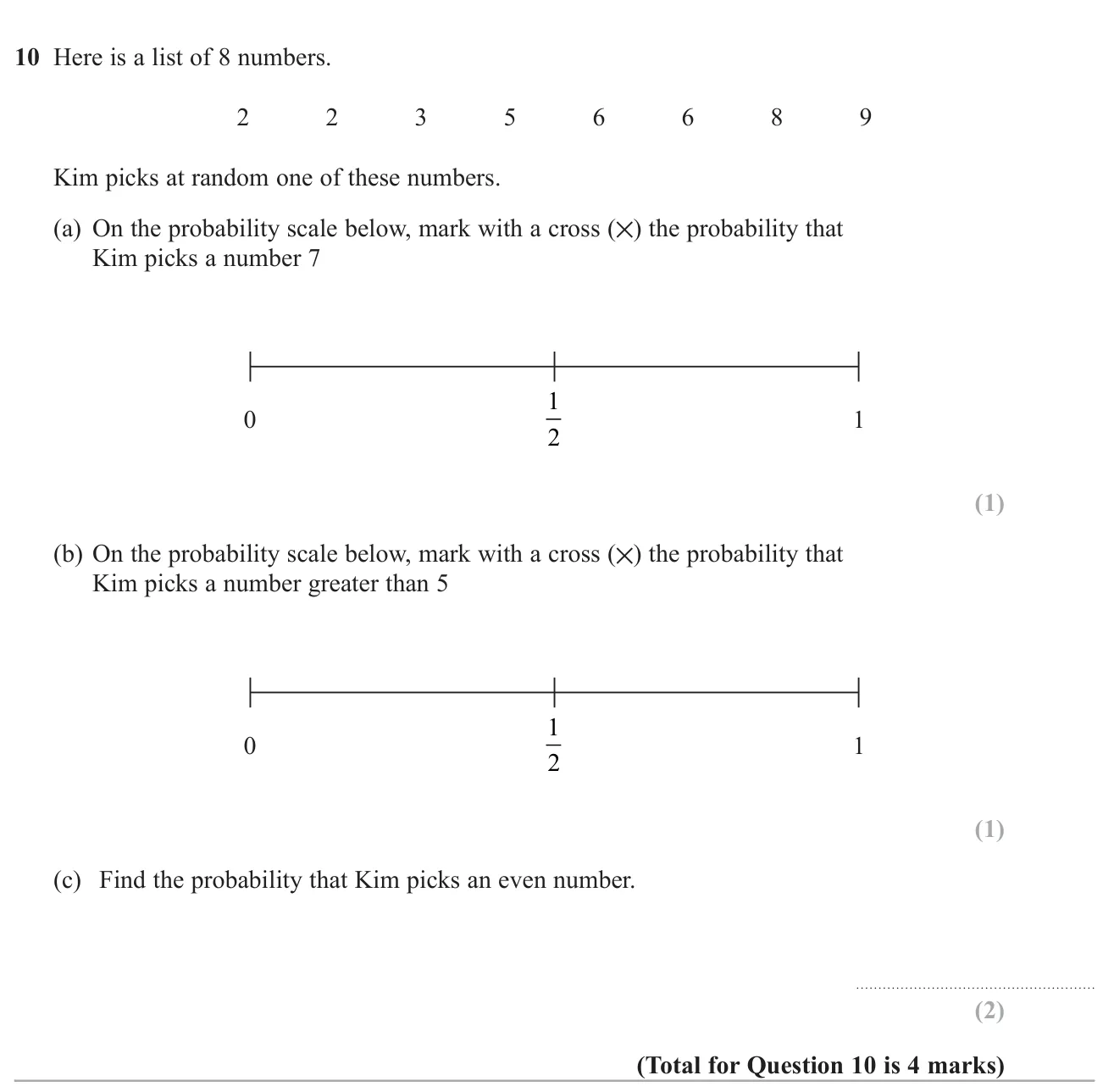 Mark probabilities on a scale and find the probability of picking an even number from a list.