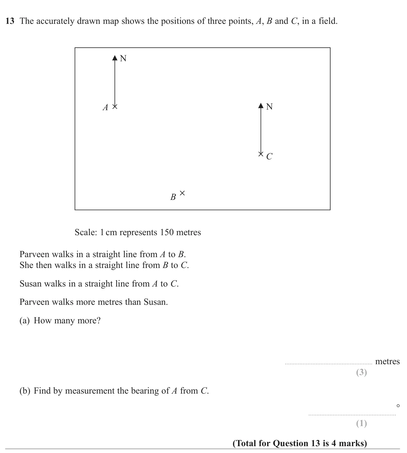 Measure distances on a scale map to compare two routes, then measure a bearing.