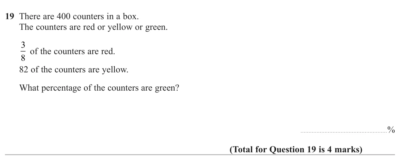 Given the fraction of red counters and the number of yellow ones, find the percentage that are green.