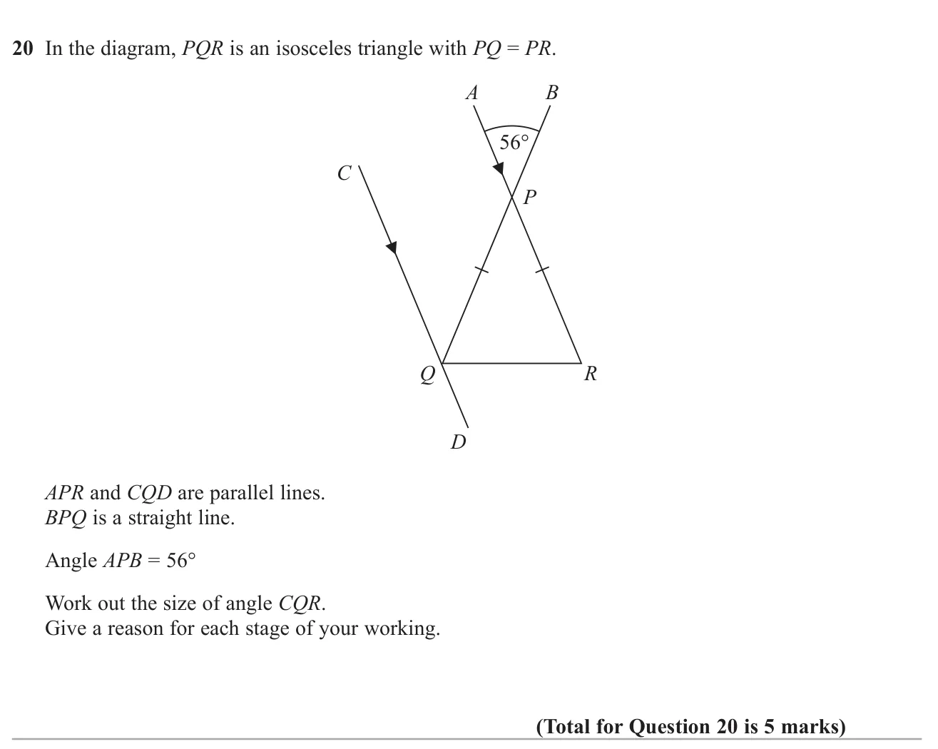 Use angle facts with parallel lines and an isosceles triangle to find an angle, giving reasons.