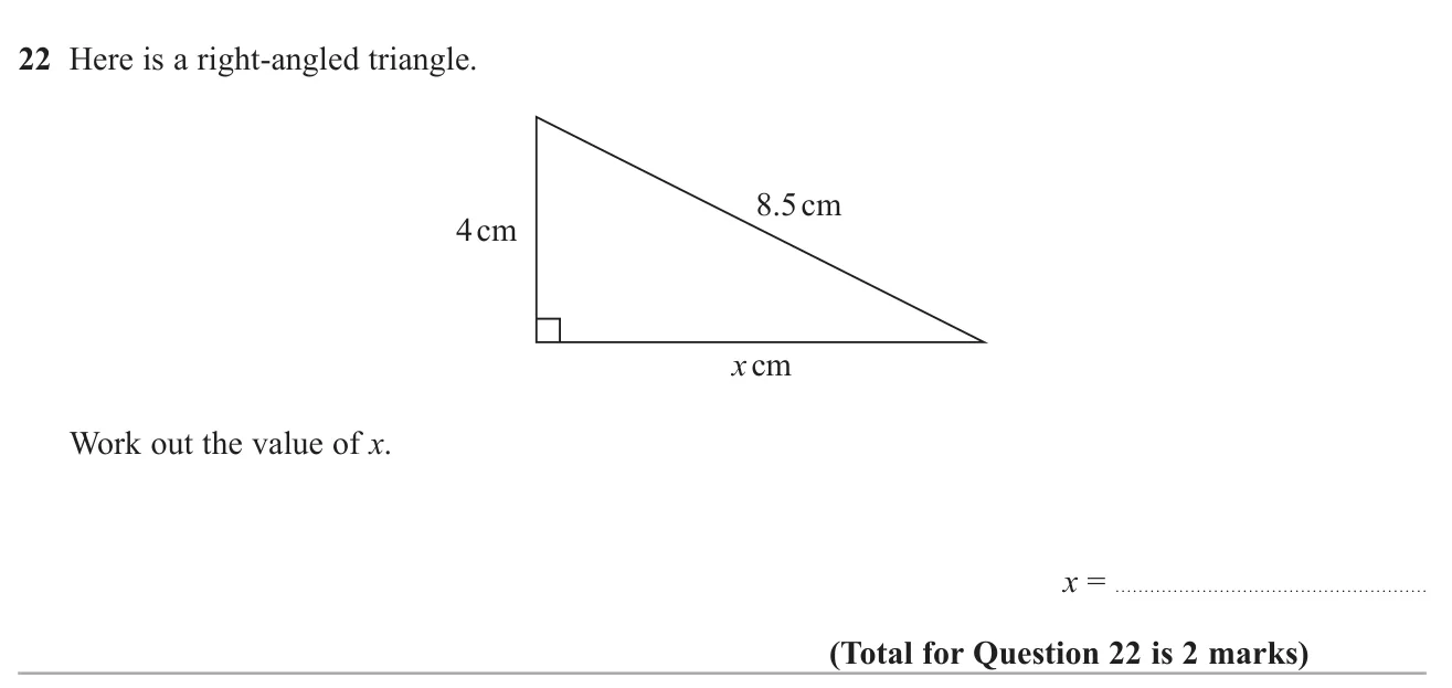 Use Pythagoras' theorem to find a shorter side of a right-angled triangle.