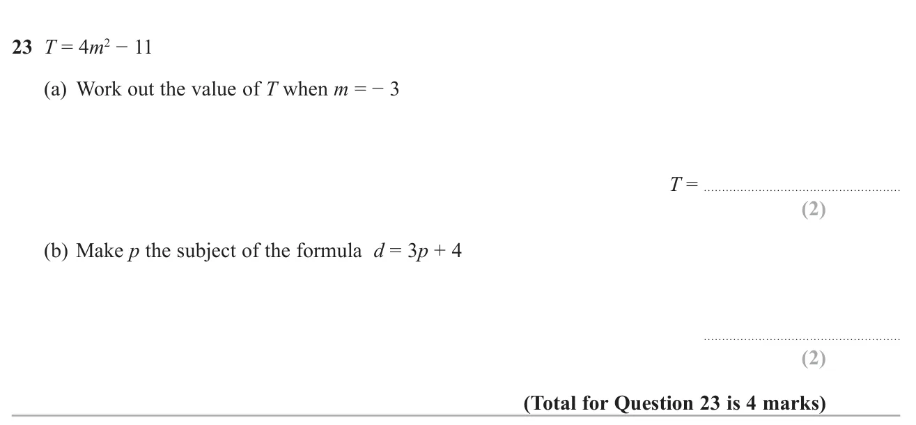 Substitute a negative number into a formula with a square, then rearrange a linear formula.