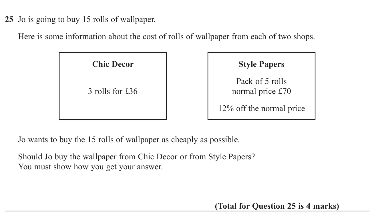 Compare the cost of 15 rolls of wallpaper from two shops with different offers.