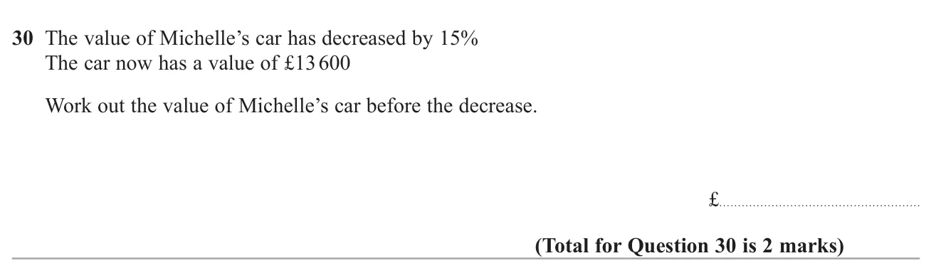 Find the original value of a car after a 15% decrease.