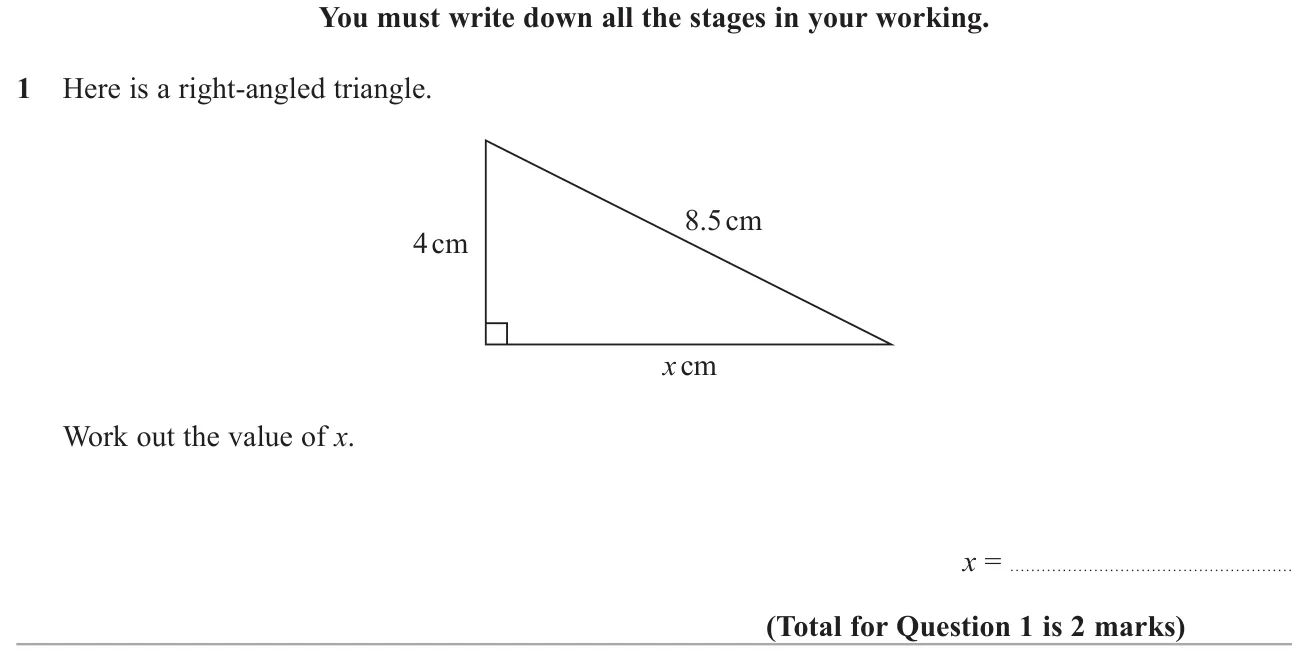 Use Pythagoras' theorem to find a shorter side of a right-angled triangle.