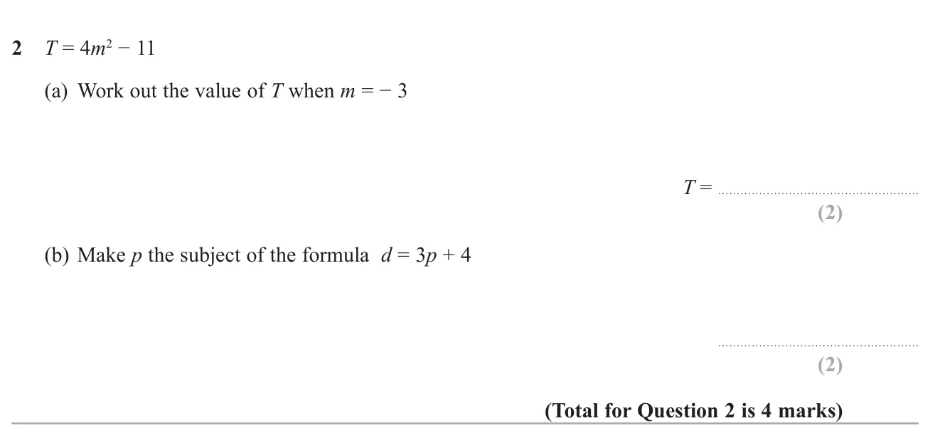 Substitute a negative number into a formula with a square, then rearrange a linear formula.