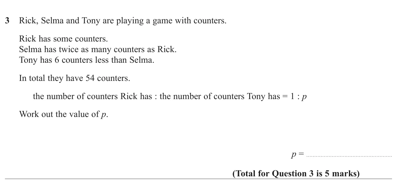 Form and solve an equation for the counters three people hold, then write a ratio in the form 1 : p.