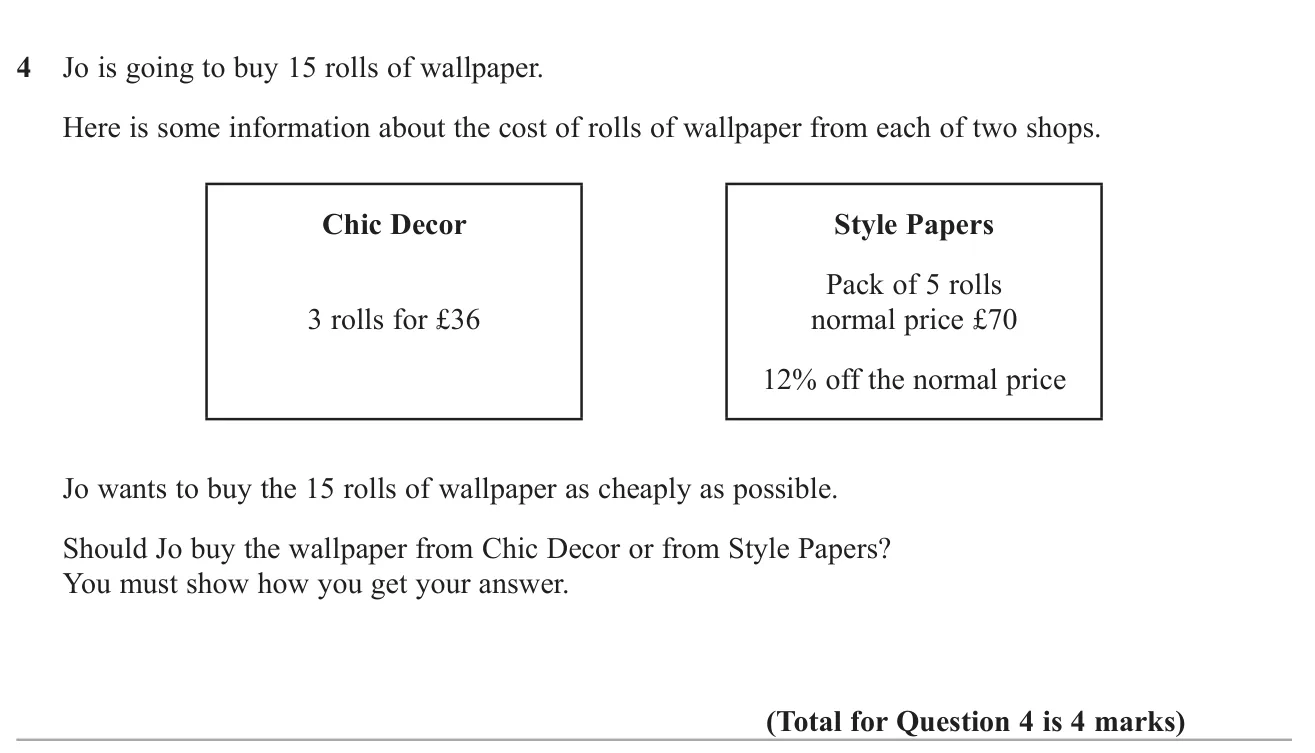 Compare the cost of 15 rolls of wallpaper from two shops with different offers.
