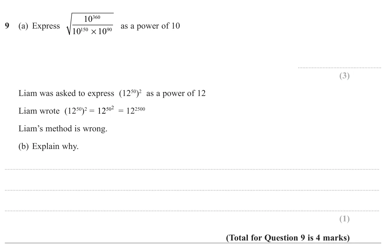 Simplify a square root of a quotient of powers of 10, and explain the error in raising a power to a power.