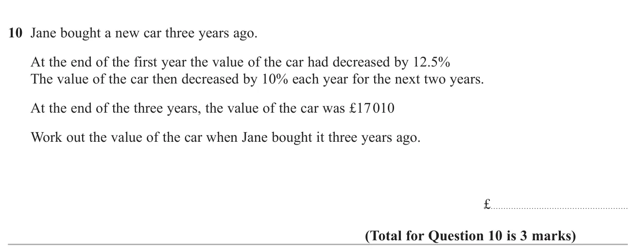 Work backwards from a car's value after one percentage fall and two further equal percentage falls to find the original price.