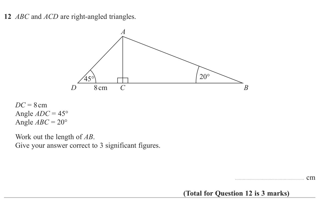 Use right-angled trigonometry in two connected triangles to find a length to 3 significant figures.
