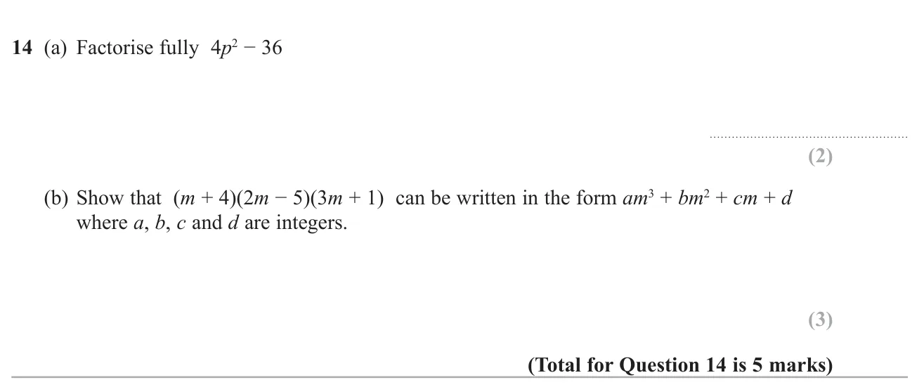 Fully factorise a difference of two squares with a common factor, and expand a product of three brackets into a cubic.