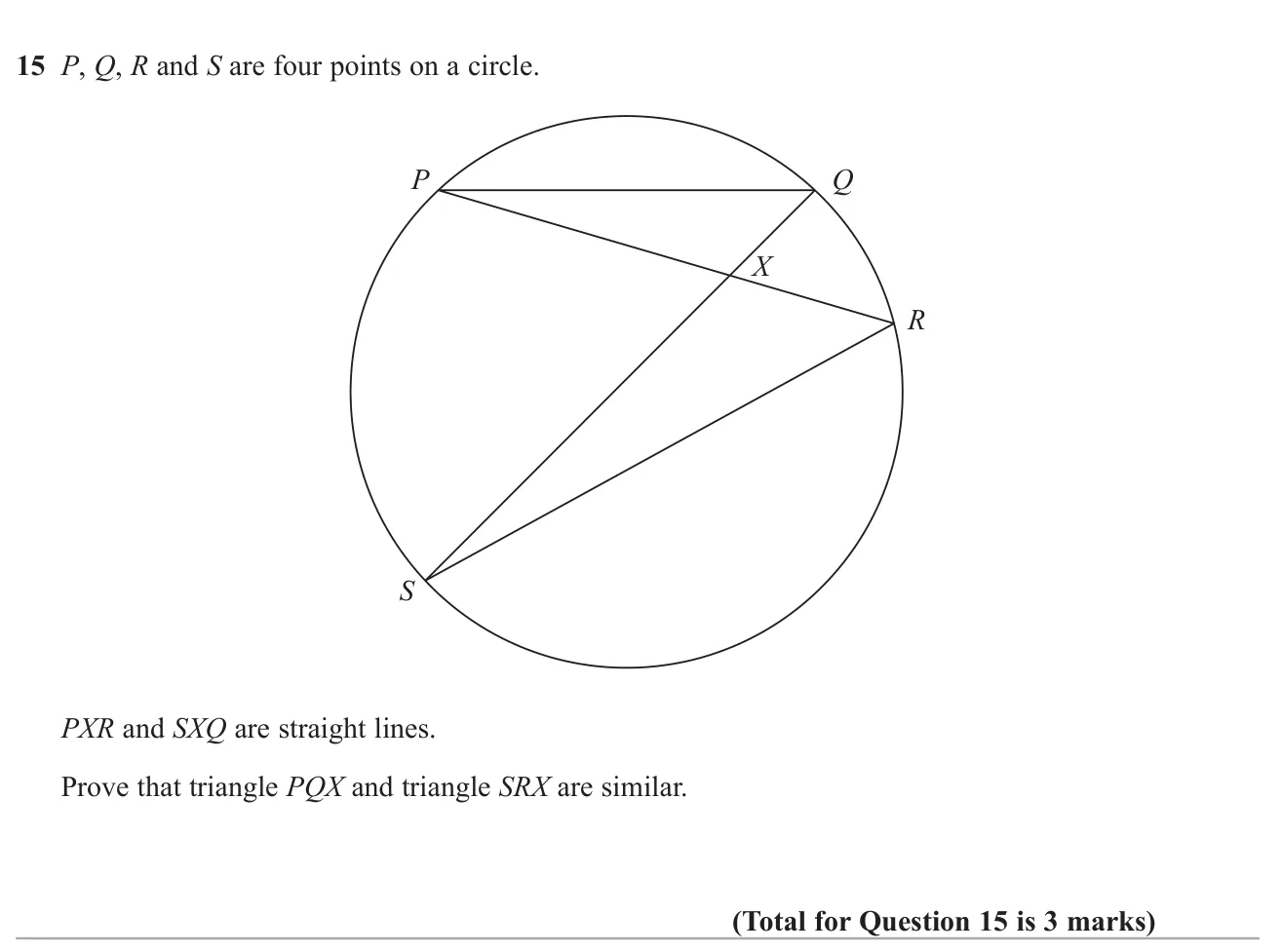 Prove two triangles formed by intersecting chords in a circle are similar, giving reasons.