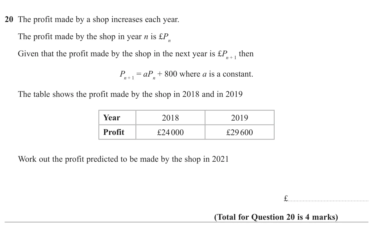 Use two consecutive years' values to find the constant in a recurrence relation, then predict two years ahead.