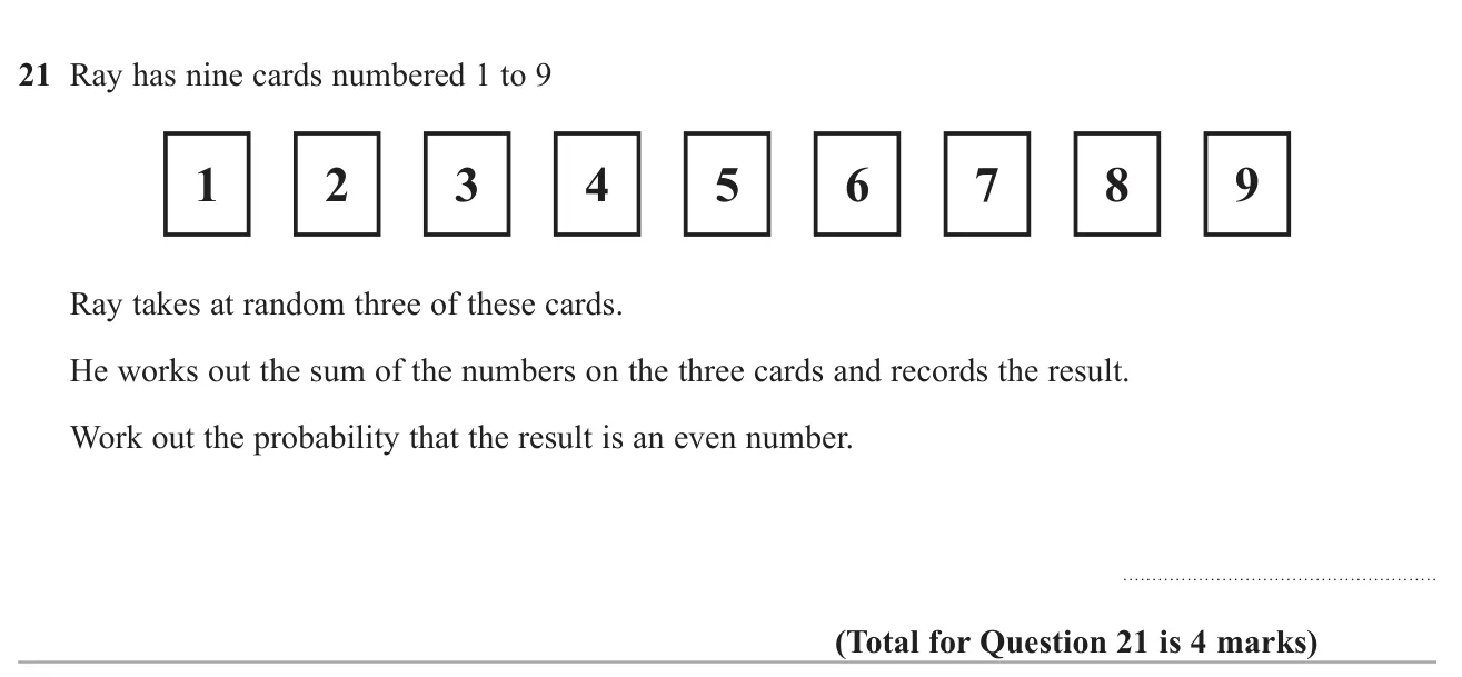 Find the probability that three cards drawn without replacement from nine have an even total.