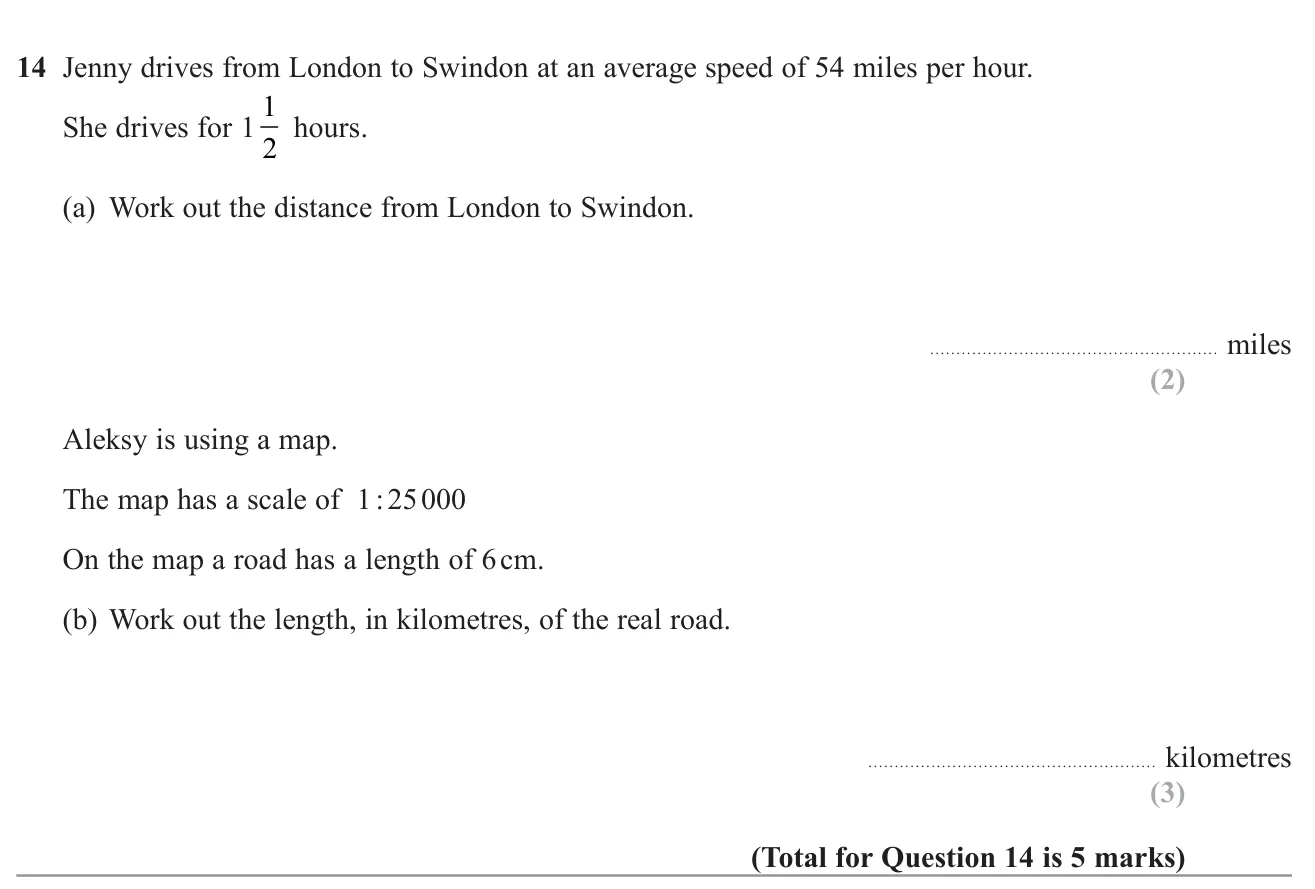 Find a distance from a speed and a time in hours and a half, then convert a map length to real kilometres using a scale.