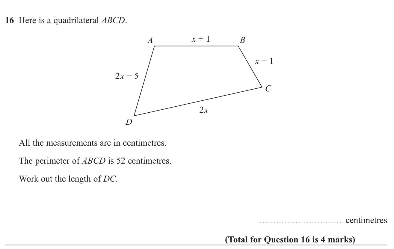 Form and solve an equation from the perimeter of a quadrilateral with algebraic sides, then find one side.