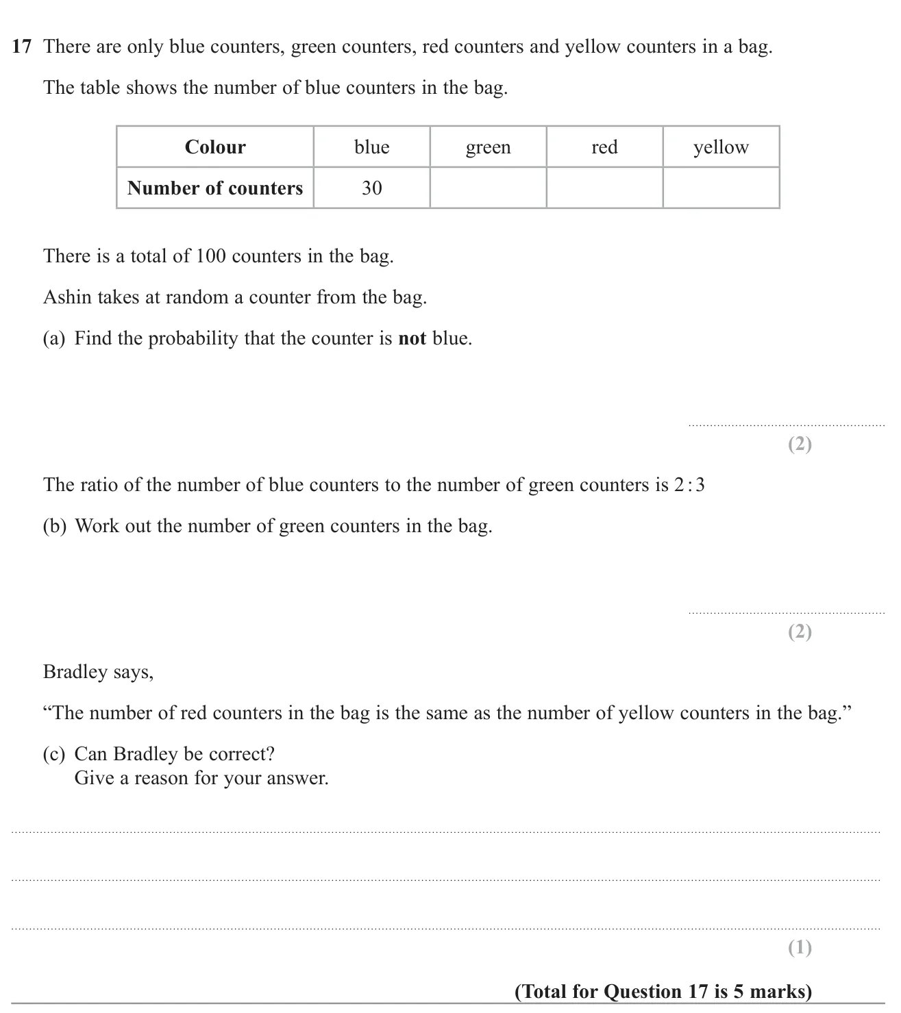 Find a 'not' probability, use a ratio to find a count, and decide whether the remaining counters can be split equally.
