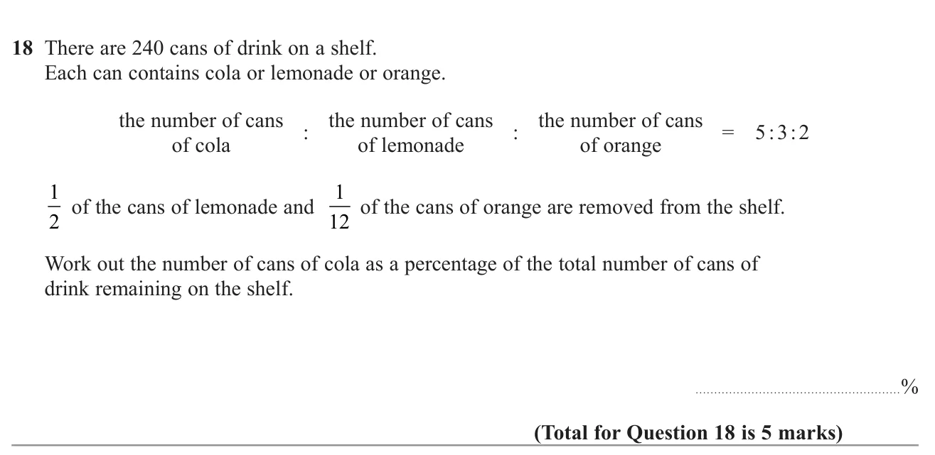 Share a total in a three-part ratio, remove fractions of two groups, and give one group as a percentage of what remains.