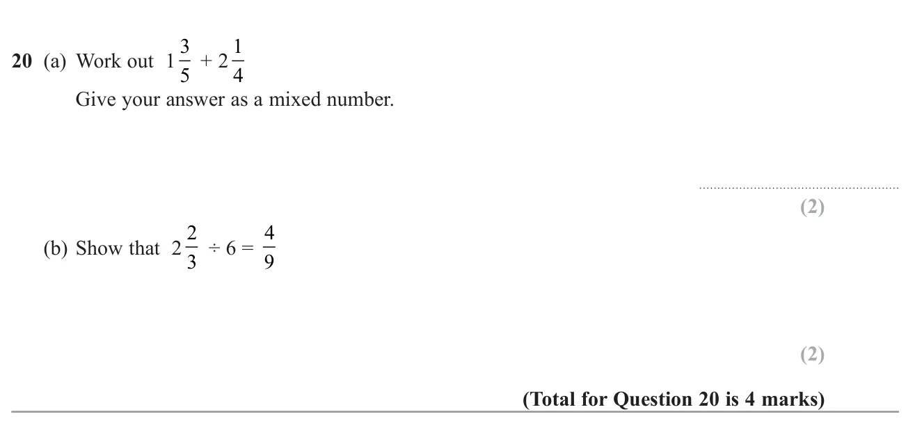 Add two mixed numbers, then show a mixed number divided by a whole number gives a stated fraction.