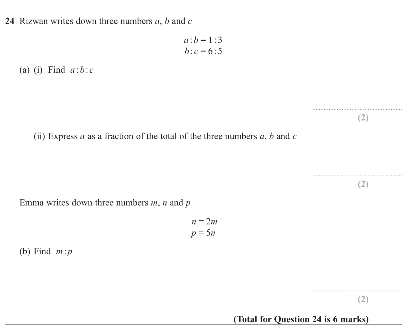 Combine two ratios into a three-part ratio, write one part as a fraction of the total, and find a ratio from two algebraic relationships.