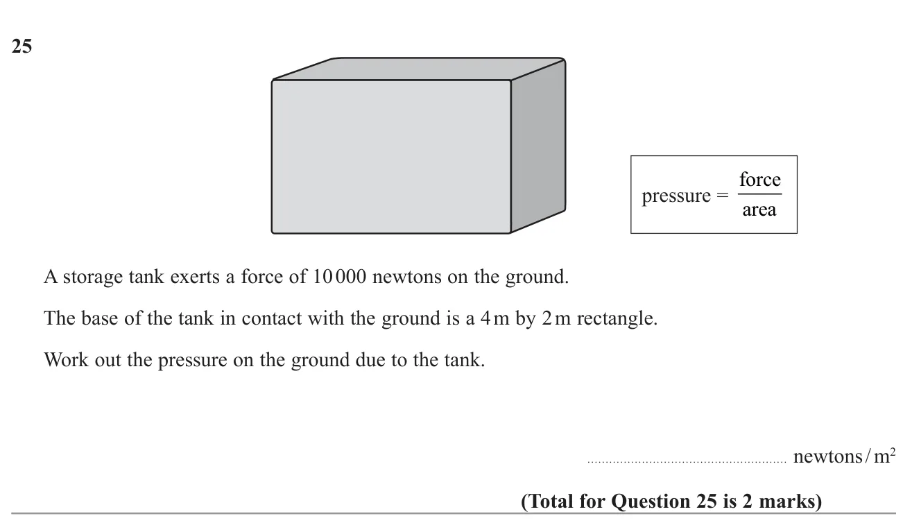Use a formula to find pressure from a force and a rectangular base area.