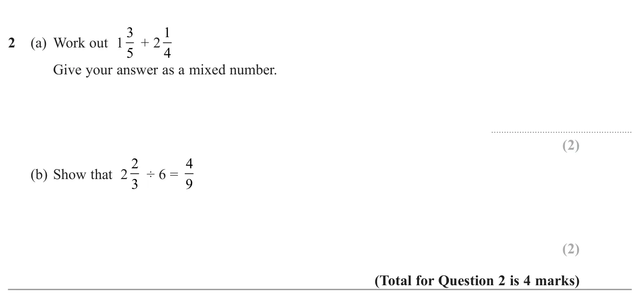 Add two mixed numbers, then show a mixed number divided by a whole number gives a stated fraction.