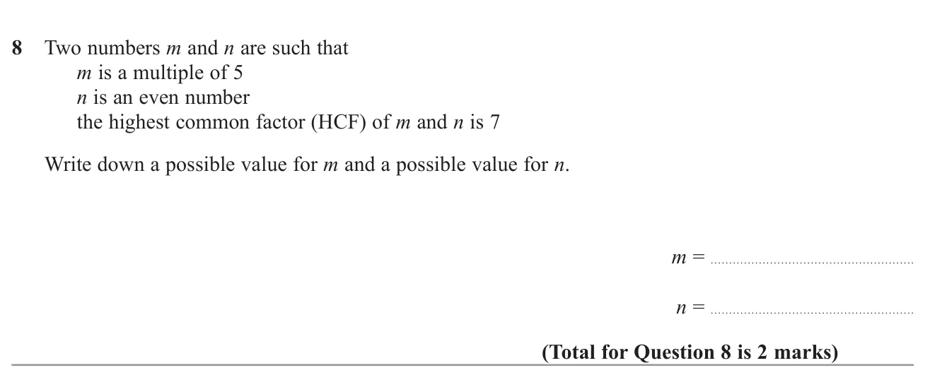 Find a pair of numbers, one a multiple of 5 and one even, whose highest common factor is 7.
