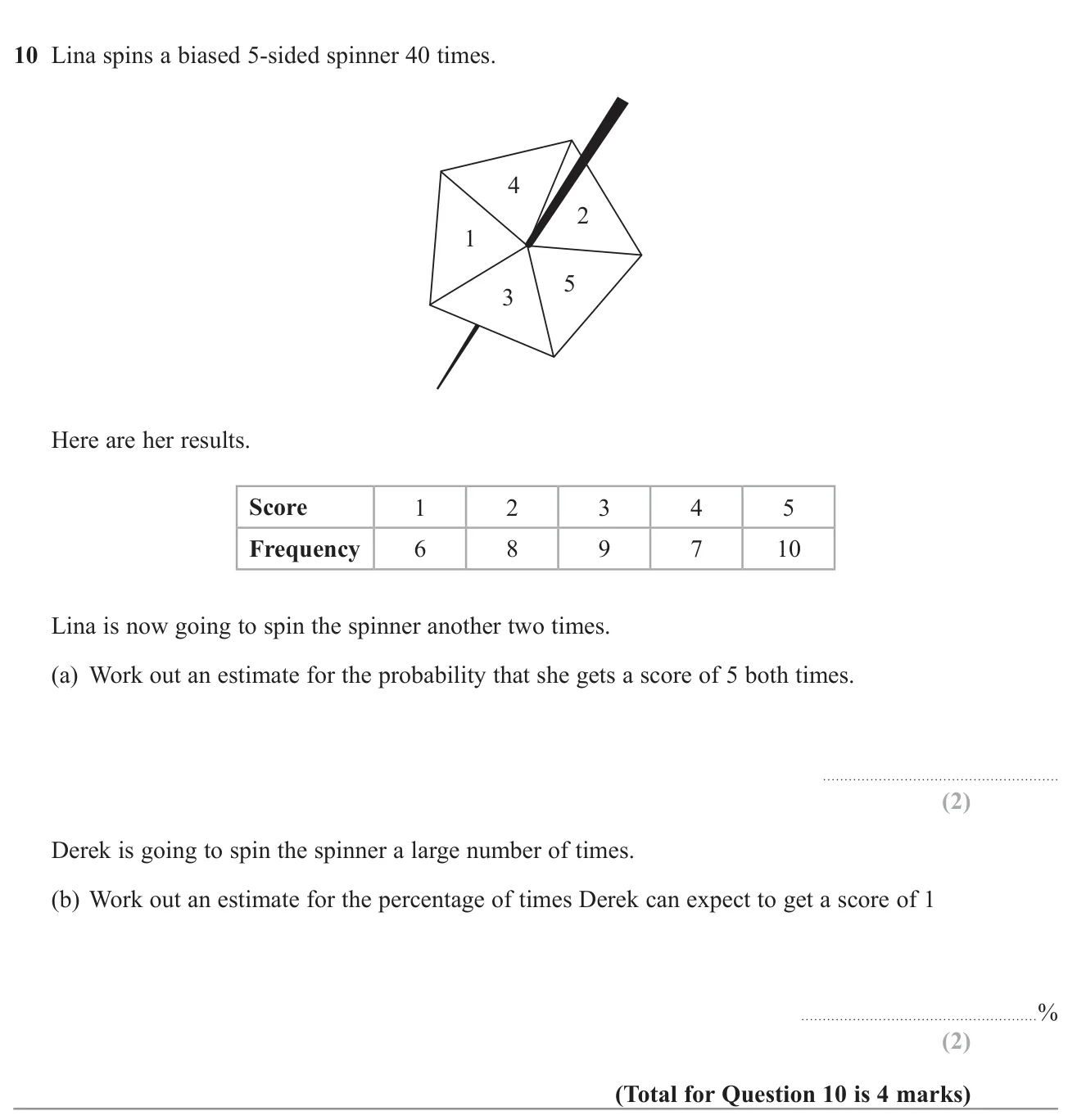 Use a spinner's results to estimate the chance of two fives in a row and the percentage of ones expected over many spins.