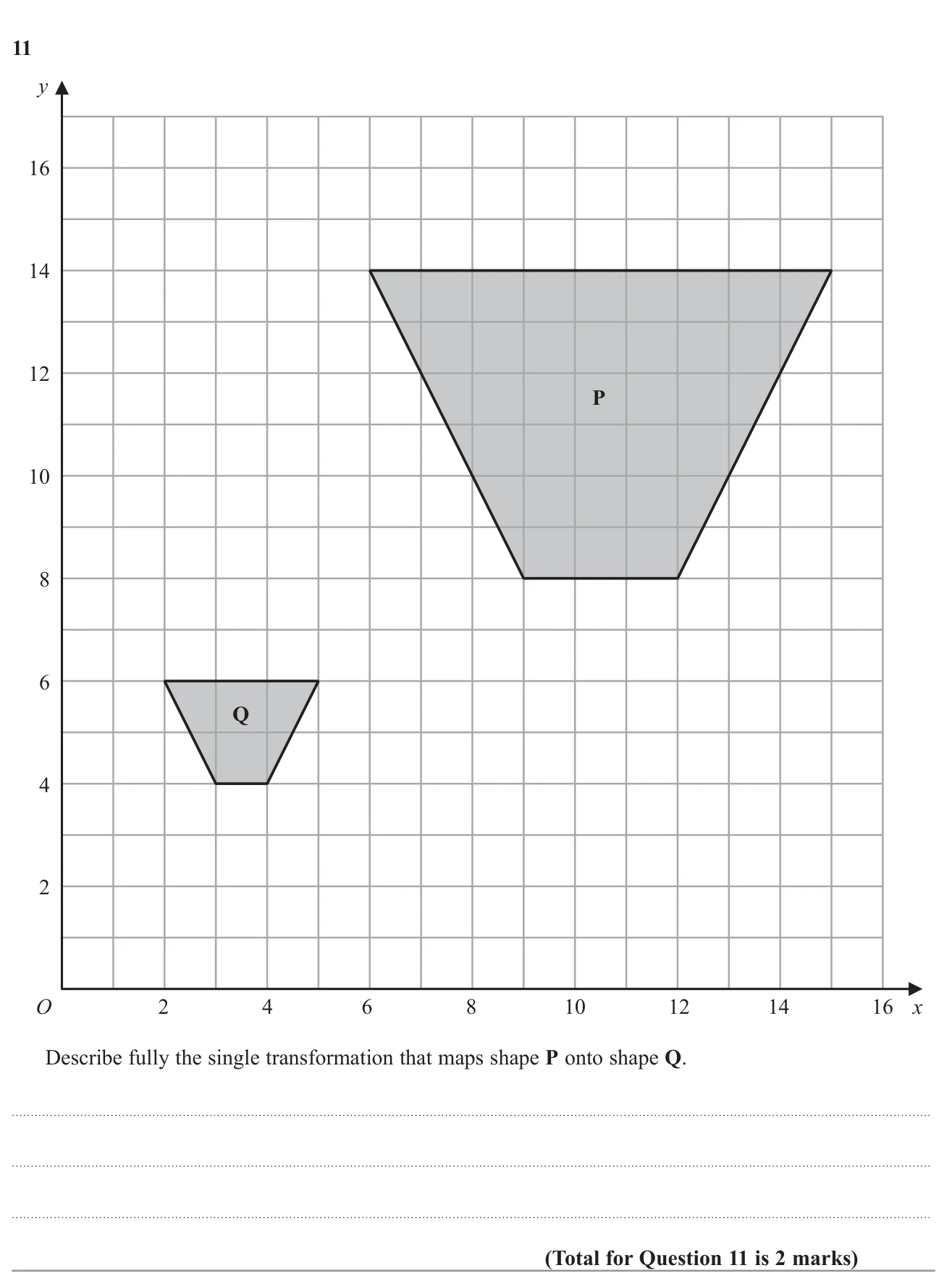 Describe the single transformation that maps a large trapezium onto a smaller one on a grid.