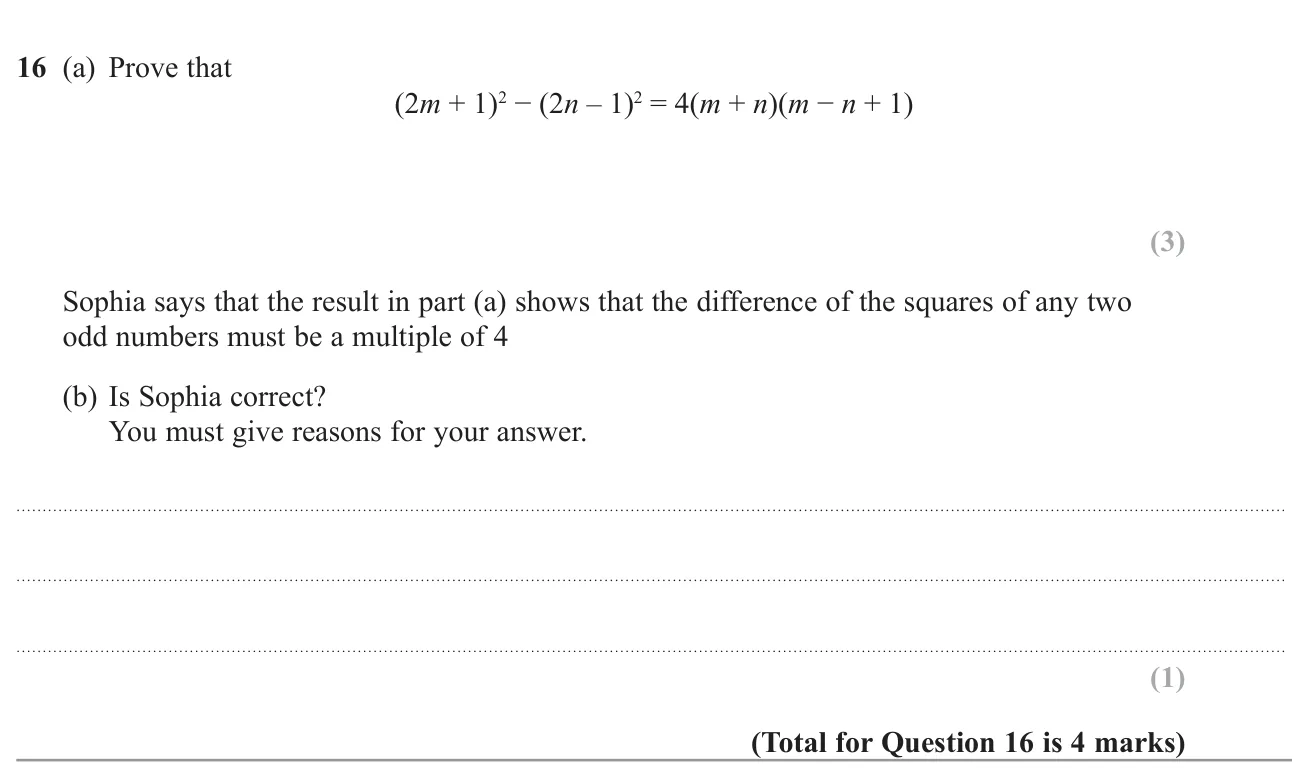 Prove an algebraic identity for the difference of two squared expressions, then judge a claim about odd numbers that follows from it.