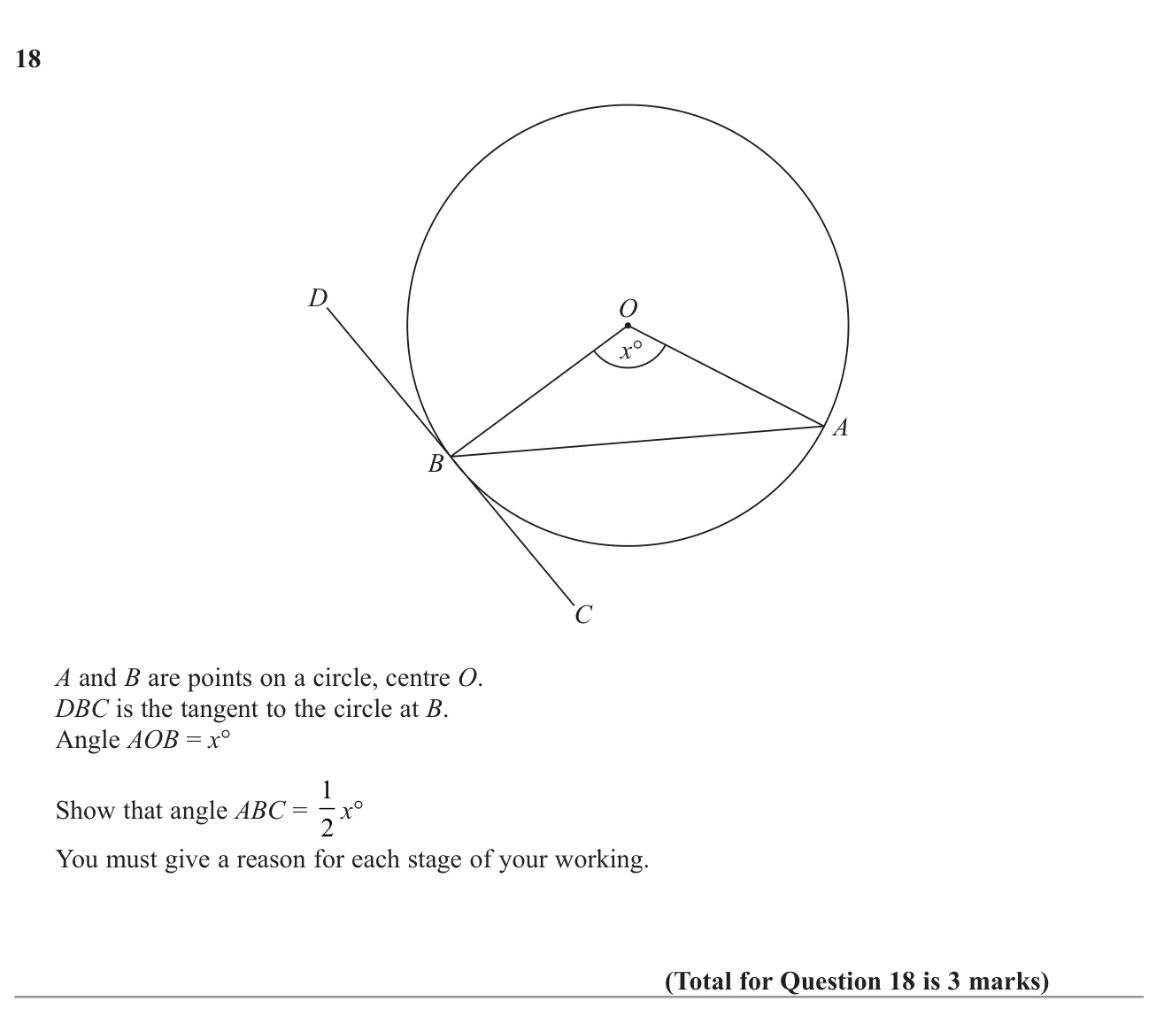 Prove that the angle between a chord and a tangent is half the angle at the centre, giving reasons.