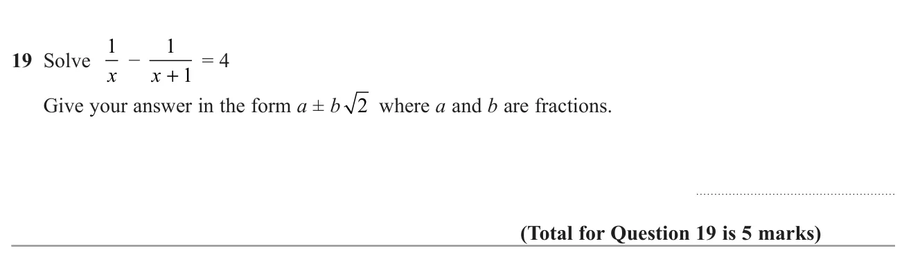 Solve an equation involving two algebraic fractions, giving the solutions in surd form.