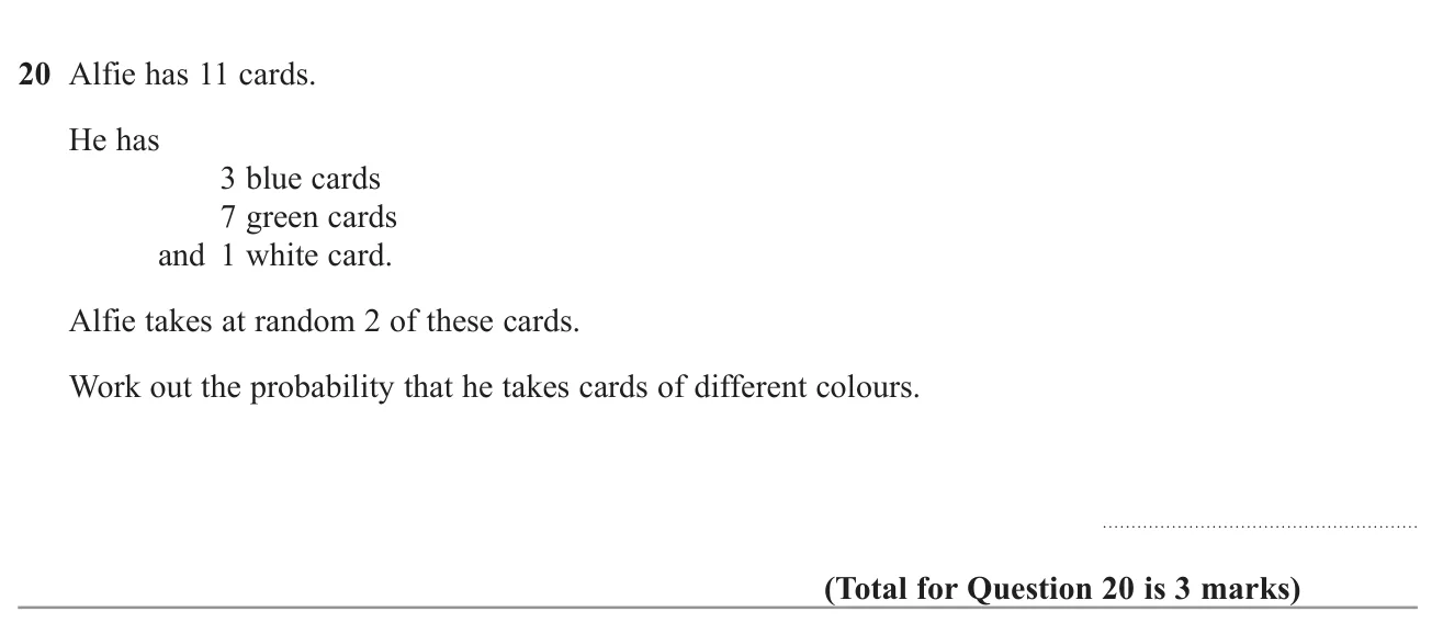 Find the probability that two cards picked without replacement from a mix of colours are different colours.