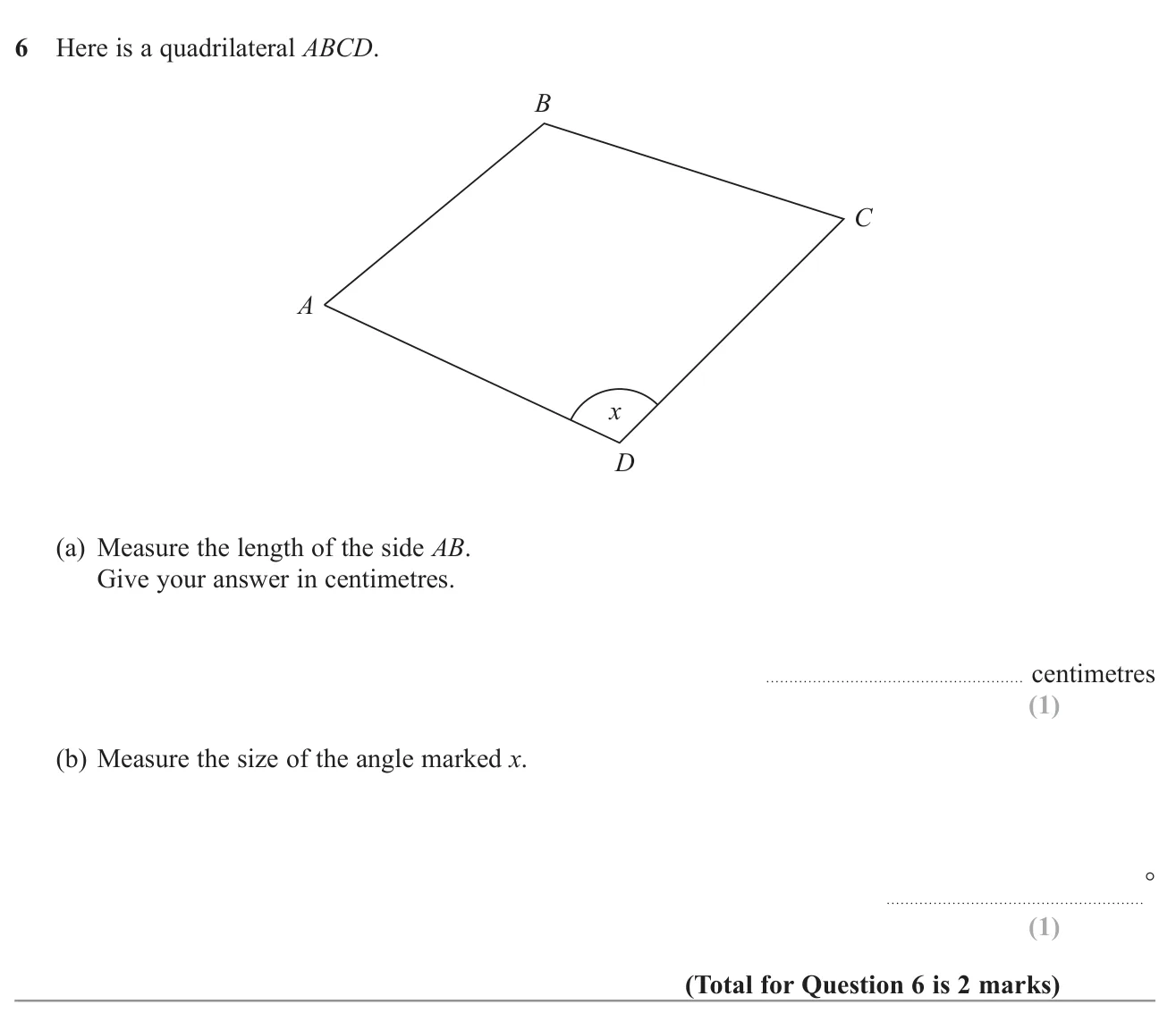 Use a ruler and protractor to measure one side and one angle of a drawn quadrilateral.