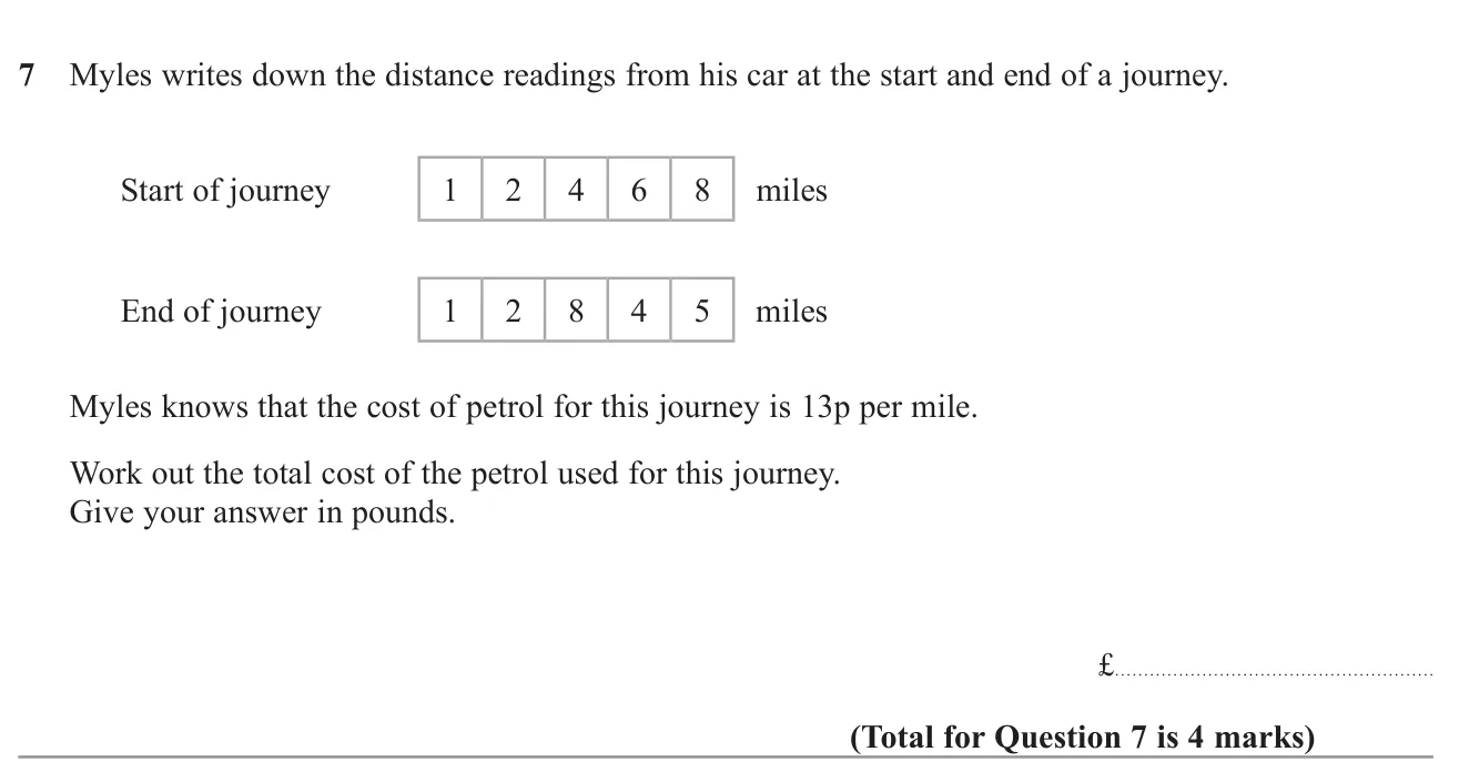 Use start and end mileometer readings and a cost per mile in pence to find the petrol cost in pounds.