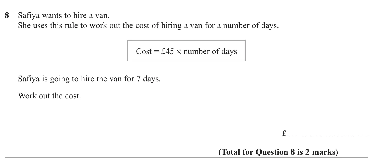 Use a word formula to find the cost of hiring a van for a week.