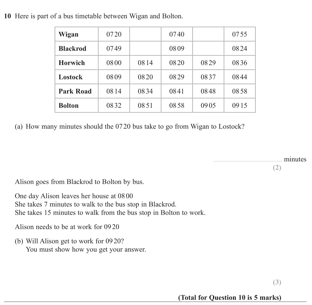 Read a bus timetable to find a journey time, then decide whether someone reaches work on time.